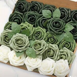 Green and White Artificial Rose Set